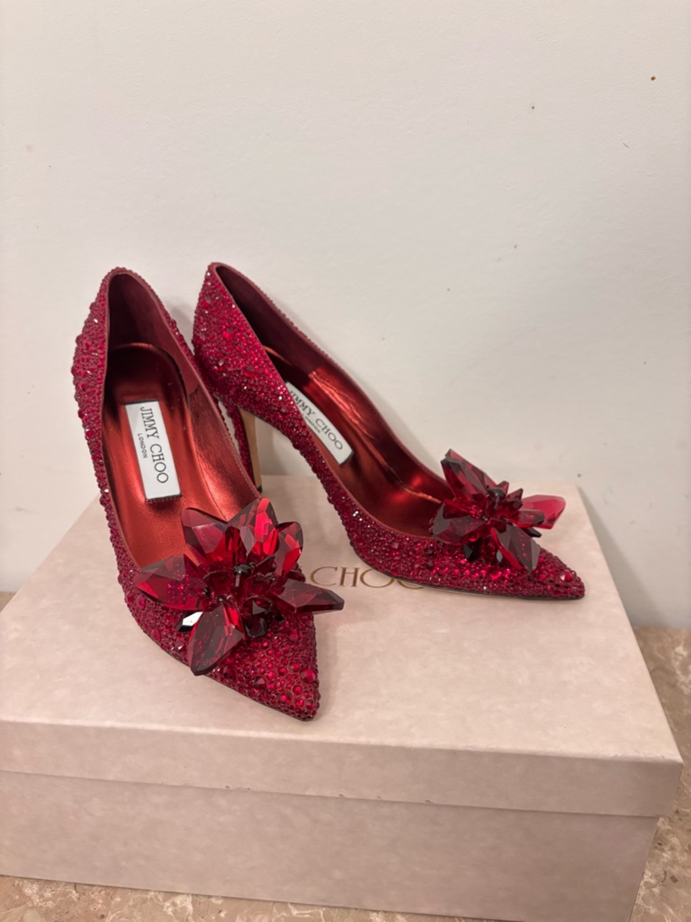 Jimmy Choo Alia 37 Red Crystal-Embellished Pointed Stiletto Pumps - Picture 7 of 9